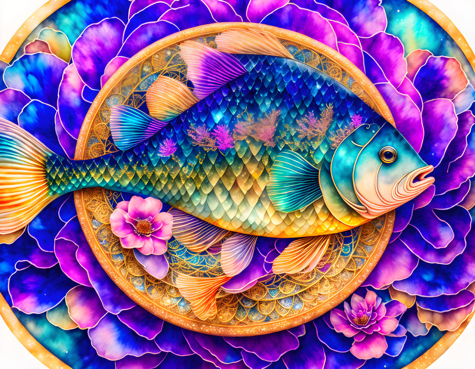 Colorful Fish Artwork Surrounded by Flowers and Patterns