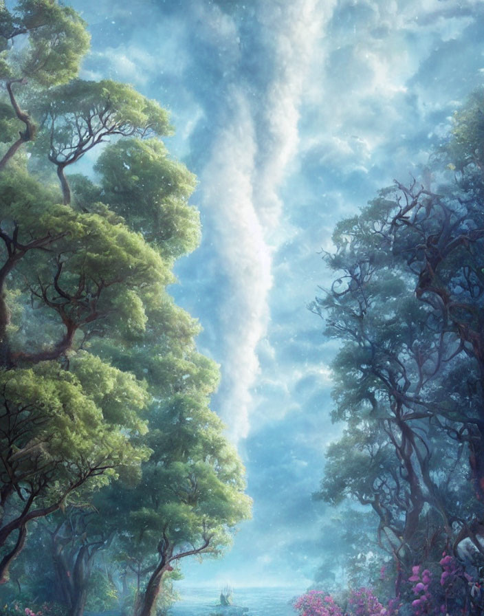 Towering trees and swirling vortex in mystical forest landscape