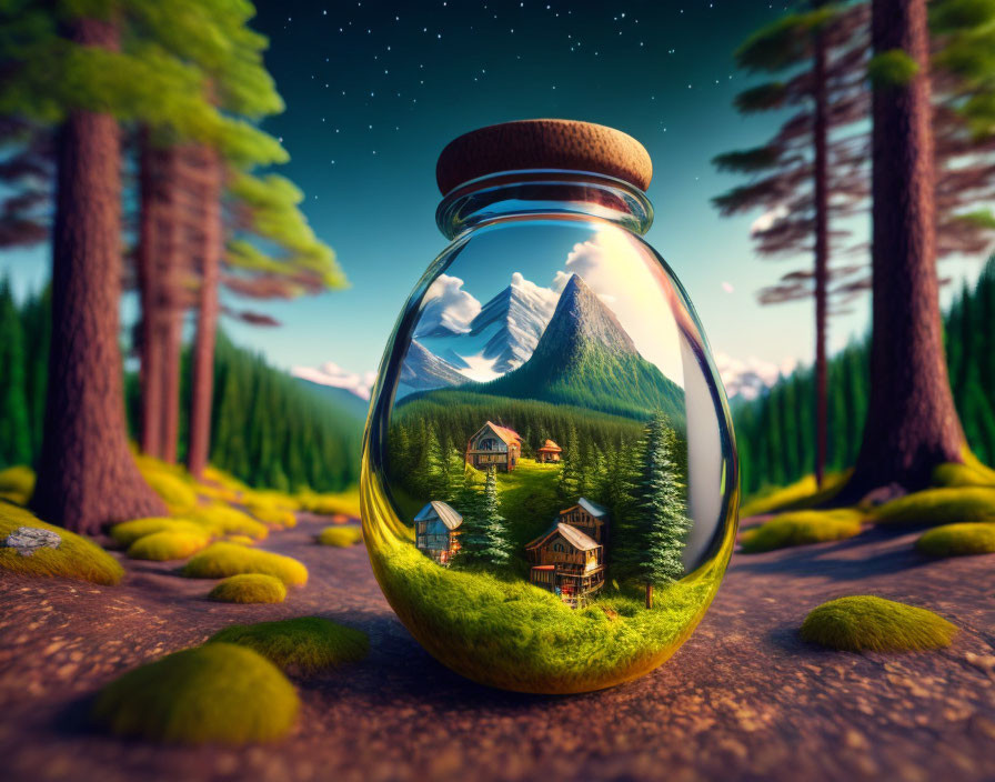 Glass jar with miniature mountain landscape and cozy houses under starry sky