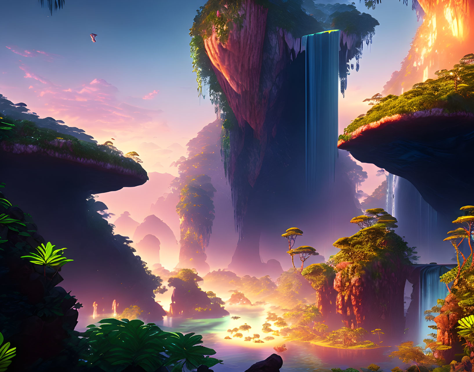 Vivid Fantasy Landscape with Rock Formations and Waterfalls