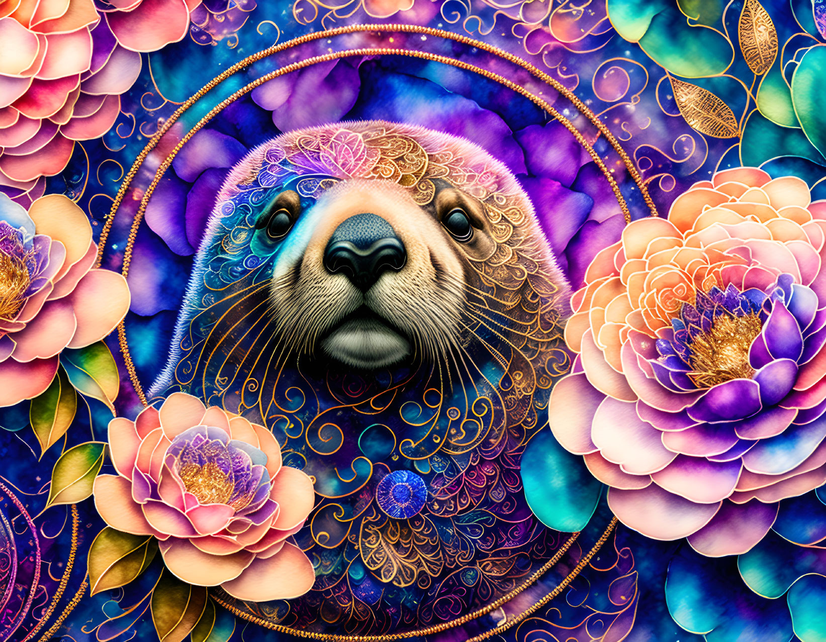 Colorful Seal Head with Floral and Cosmic Background