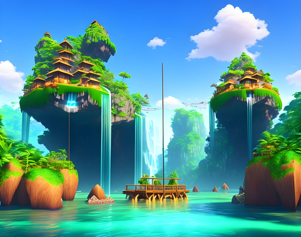 Fantastical landscape with waterfalls, floating islands, pagoda-like structures, lake, and green