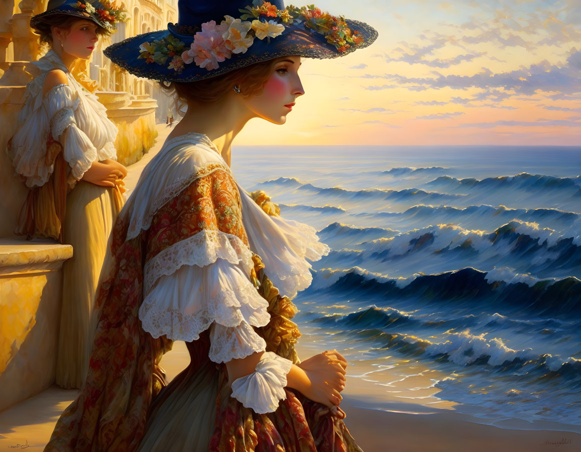 Two women in vintage attire by the sea at sunset: one gazes at the horizon, the other