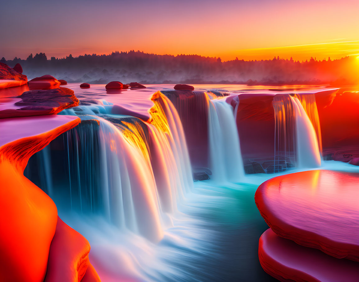 Scenic sunrise over surreal landscape with waterfalls and red rock formations