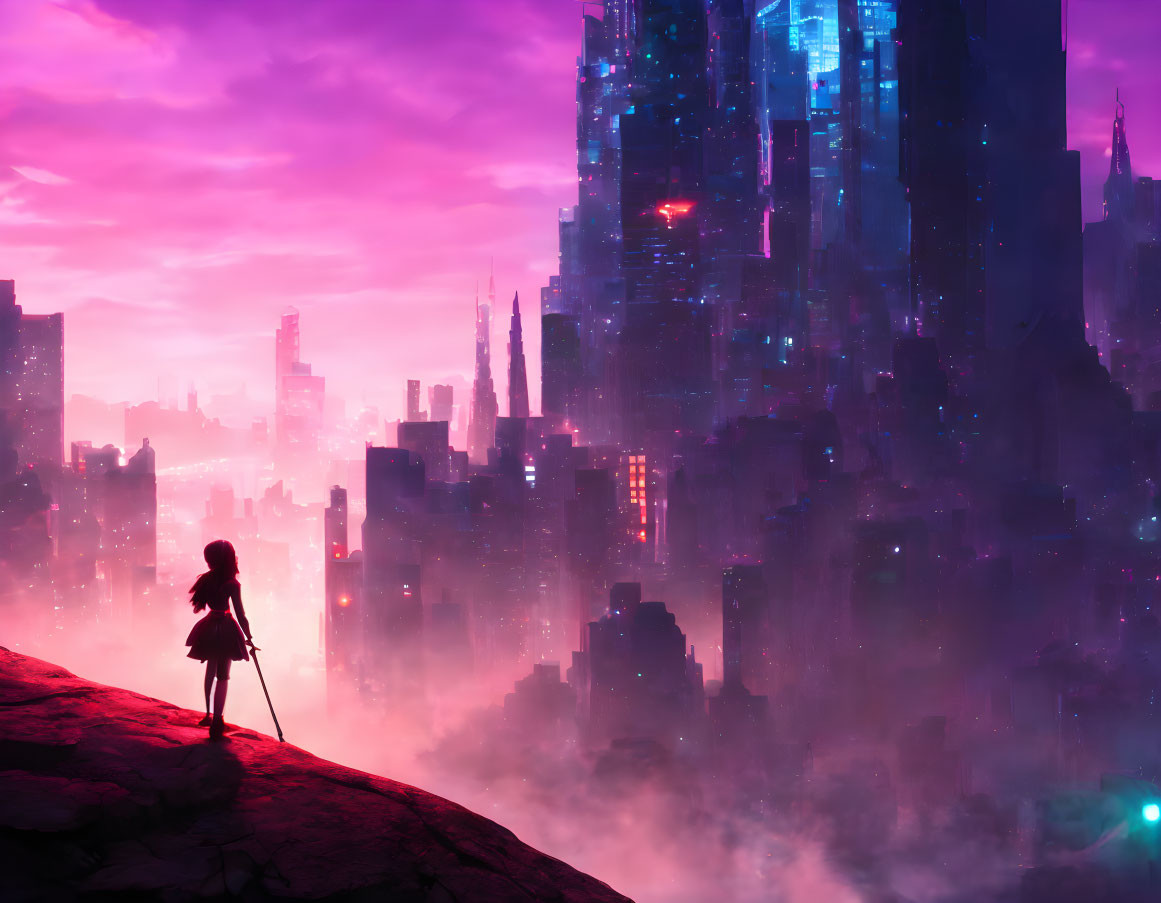 Silhouetted Figure on Cliff Overlooking Futuristic Cityscape