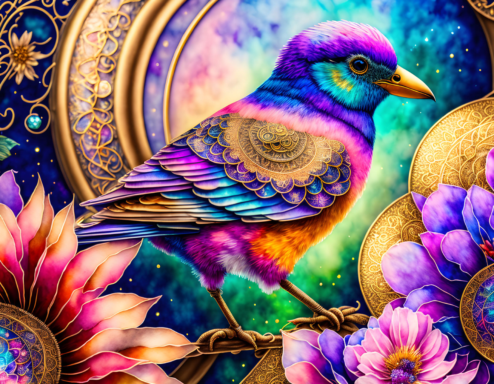 Colorful bird illustration with intricate patterns among flowers & circular motifs