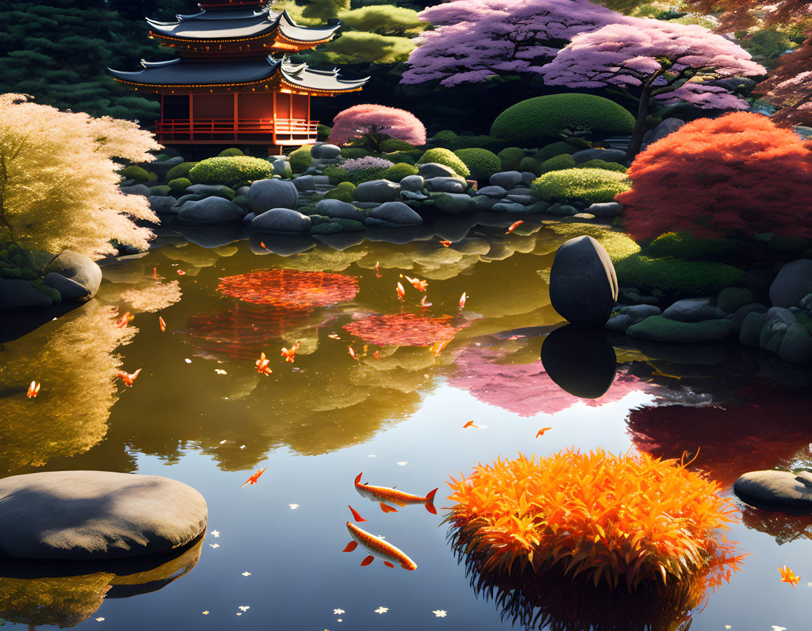 Japanese garden with koi fish, autumn trees, and pagoda in soft sunlight