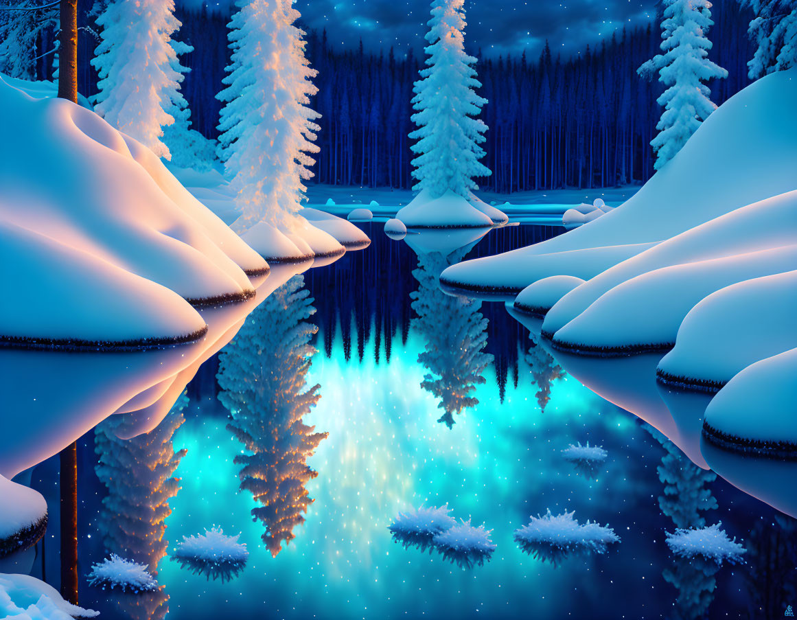 Winter scene: snow-covered trees, blue river, night sky reflection