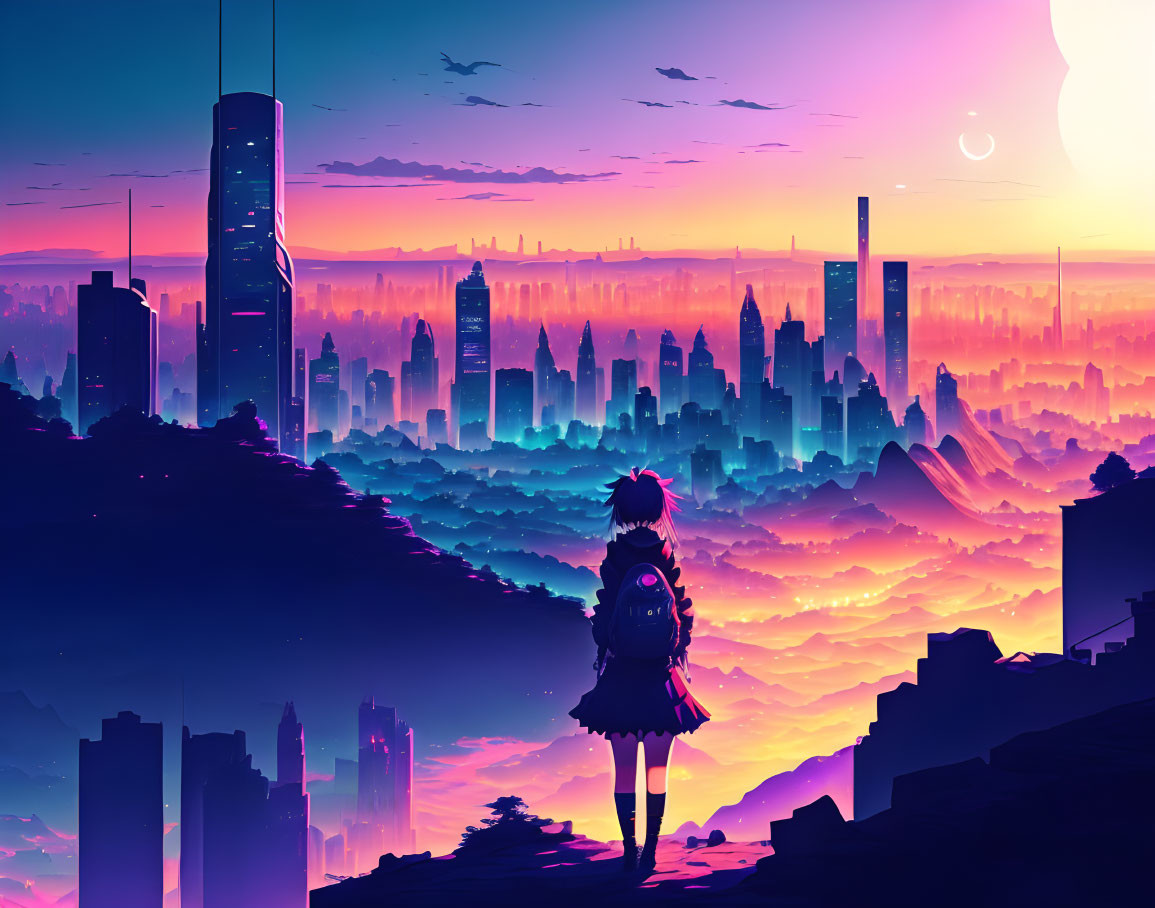 Solitary figure in front of futuristic purple and pink cityscape.