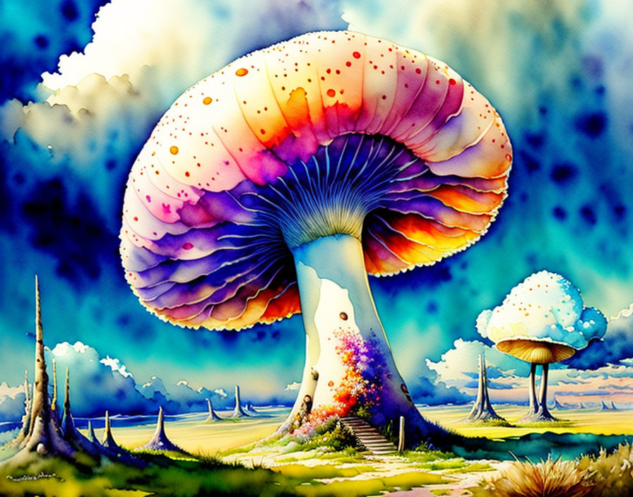 Colorful Watercolor Painting of Fantastical Mushrooms