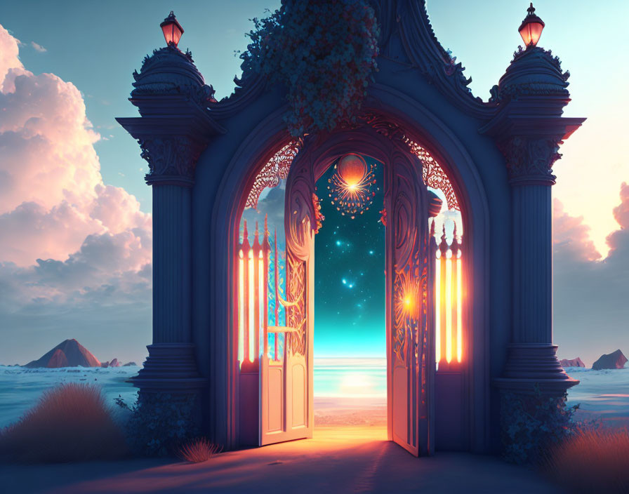 Ornate open gate on serene beach at sunset