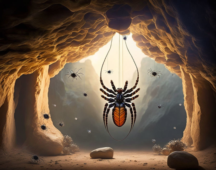 Spiders in a cave with sunlight and silk thread