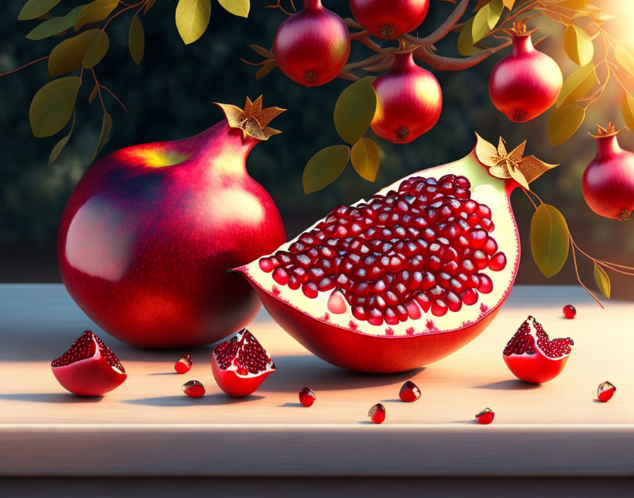 Fresh ripe pomegranates, whole and sliced, on wooden surface with foliage backdrop