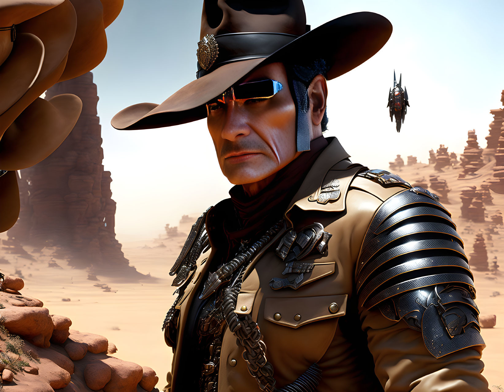 Futuristic cowboy with robotic arm in desert landscape