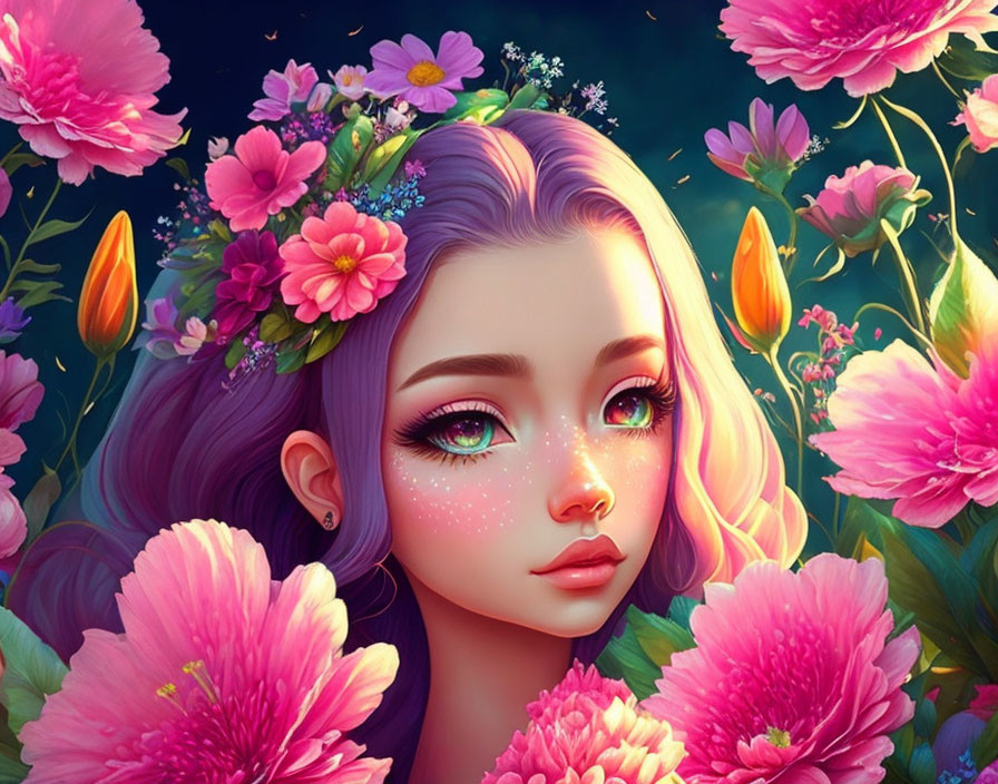 Digital illustration of girl with purple hair and green eyes in floral crown surrounded by pink and orange flowers.