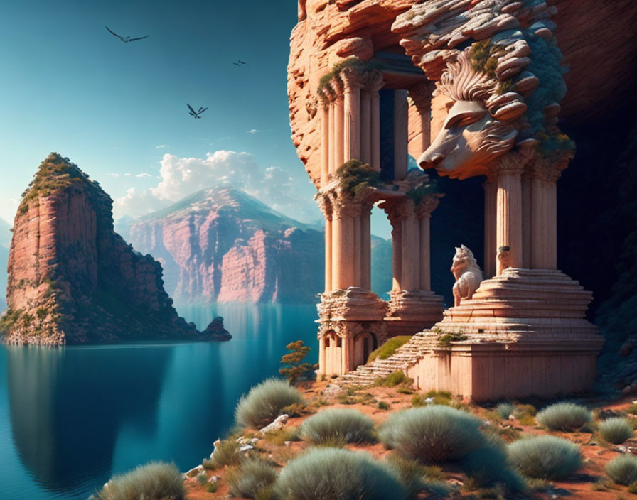 Lion-Headed Cliff Facade with Classical Pillars by Serene Lake