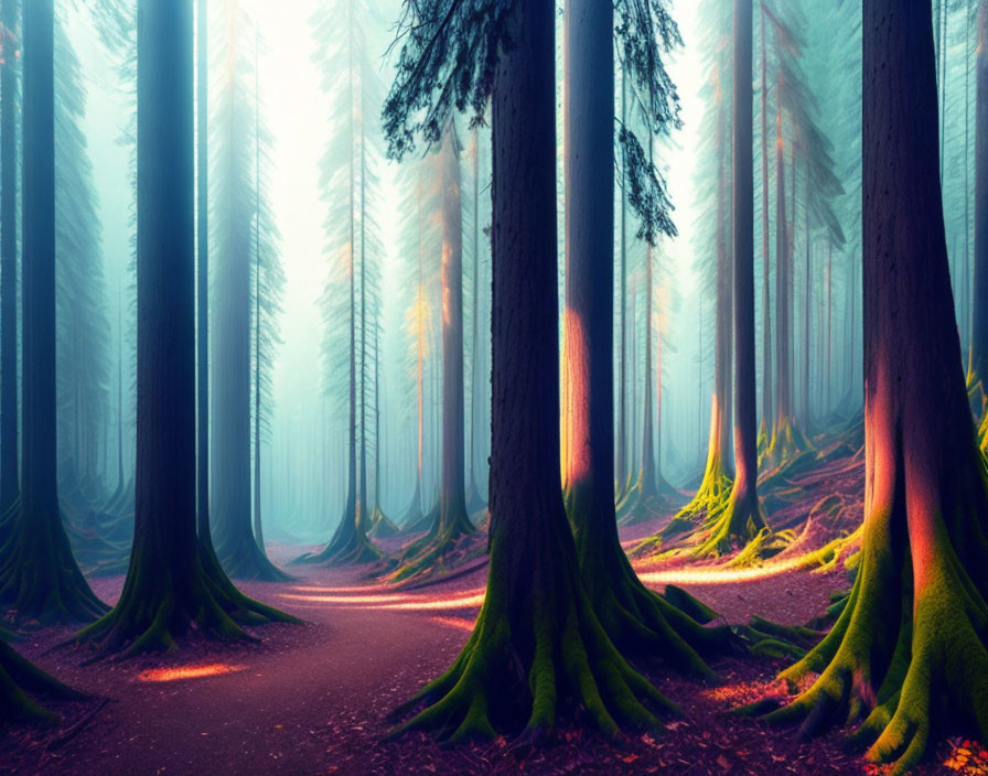 Enchanting forest with tall trees, mossy roots, and ethereal glow