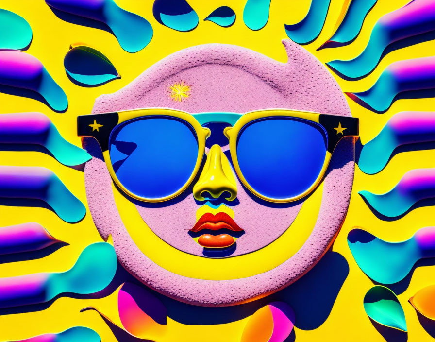 Colorful graphic art of face with blue sunglasses on yellow background