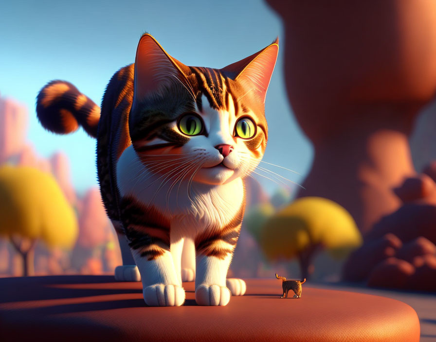 Striking green-eyed animated cat crouches on reddish surface