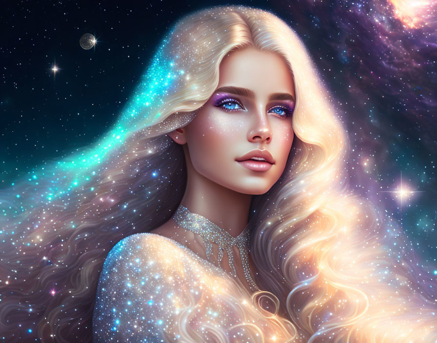 Digital Artwork: Woman with Cosmic Theme and Flowing Hair