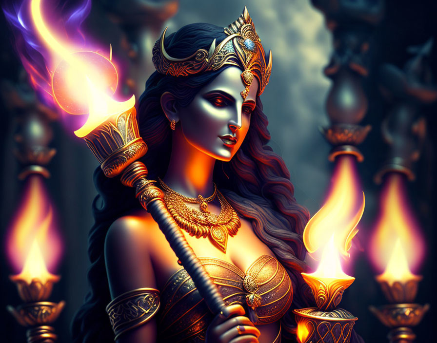 Illustrated woman in golden armor with staff and flame in mysterious setting