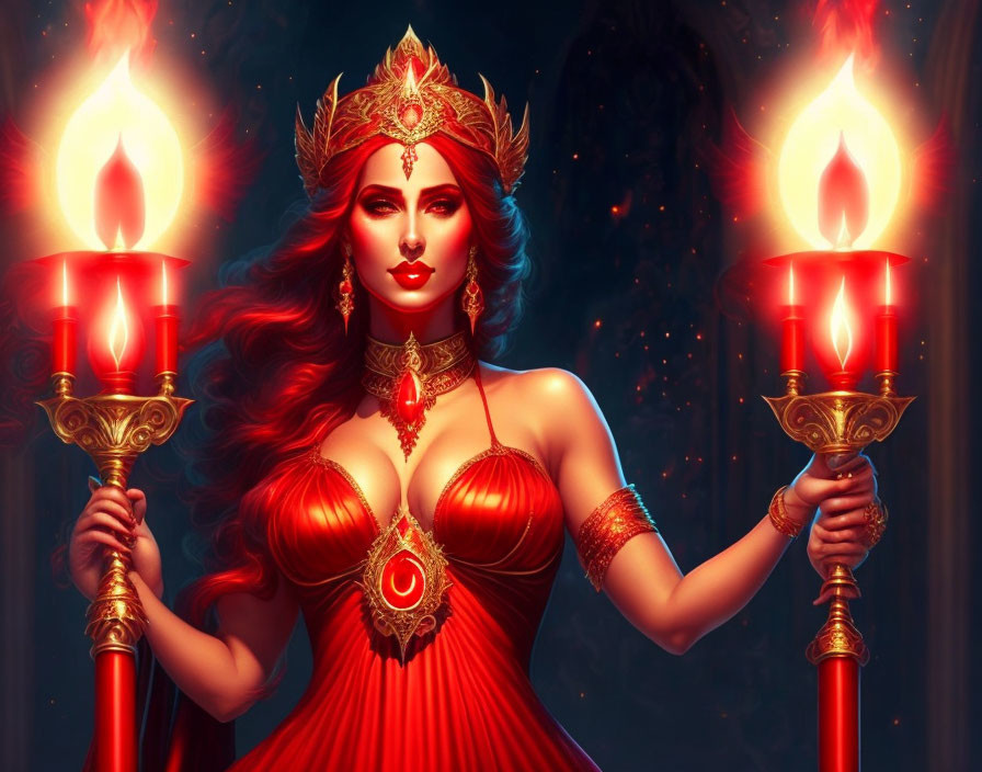 Regal woman with long wavy hair holding flaming torches in red gown