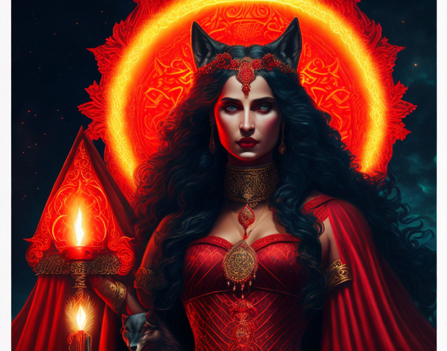 Mystical woman with cat ears in ornate red attire against cosmic backdrop