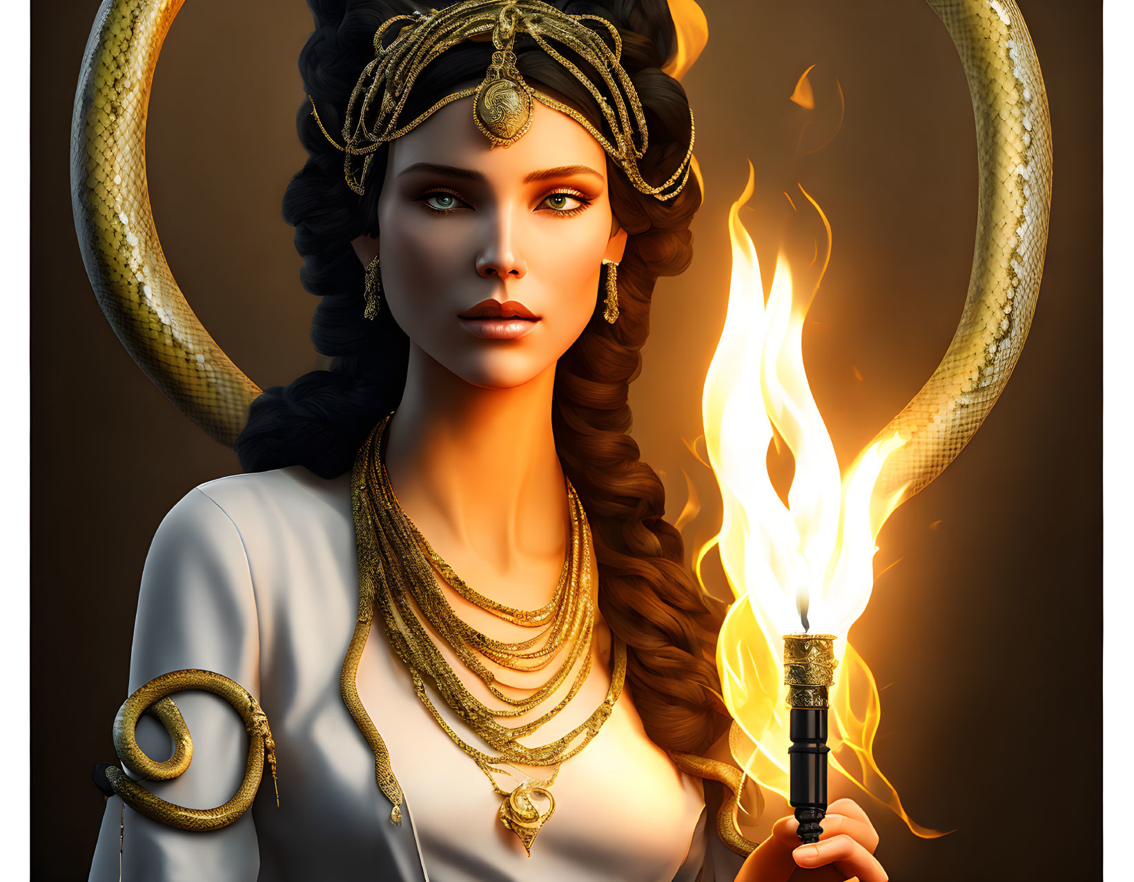 Digital artwork: Woman with serpentine horns, torch, gold jewelry, white dress on dark background