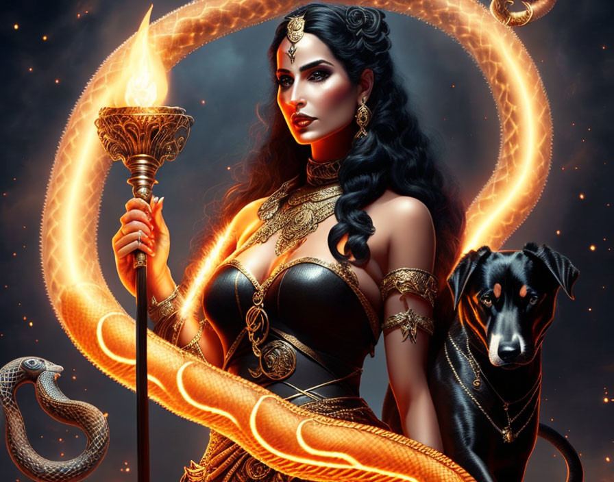 Dark-Haired Woman with Flaming Torch, Gold Jewelry, Black Dog, Serpent, and Orange