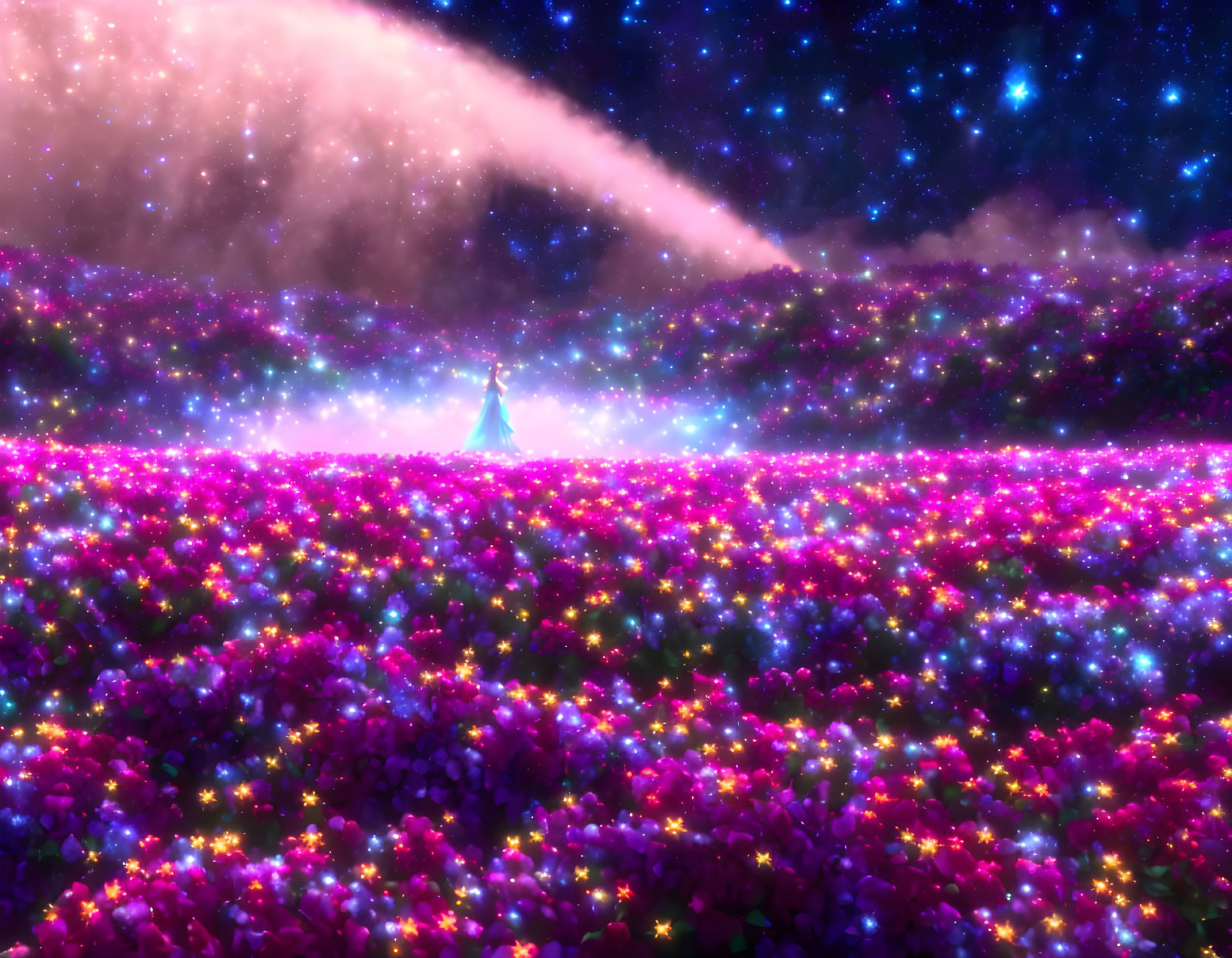 Colorful Flower Field with Glowing Figure Under Starry Sky