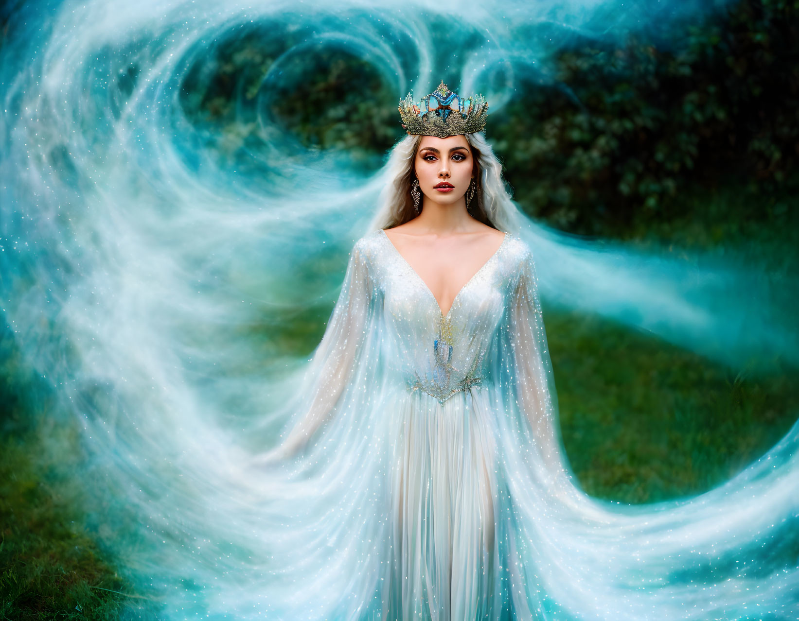 Woman in Sparkling Gown and Crown Surrounded by Blue Ethereal Effects in Mystical Forest