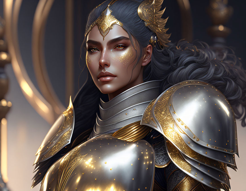 Female warrior digital artwork with silver and gold armor and crowned helmet