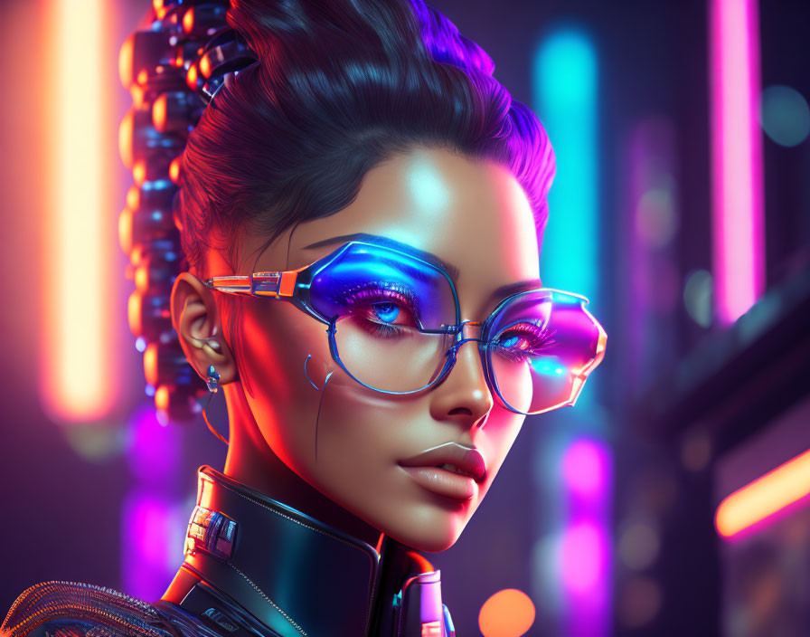 Cybernetic woman with blue glowing glasses in futuristic cityscape