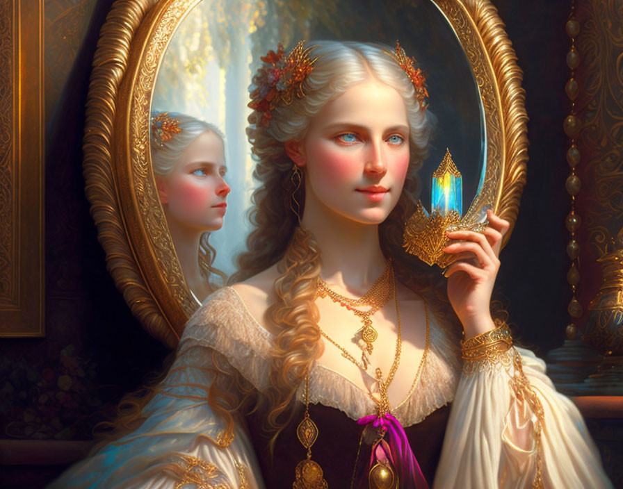 Historical gown woman with glowing crystal and ornate mirror