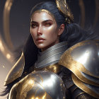 Female warrior digital artwork with silver and gold armor and crowned helmet