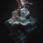 Ethereal woman in elaborate headdress and flowing gown against dark background