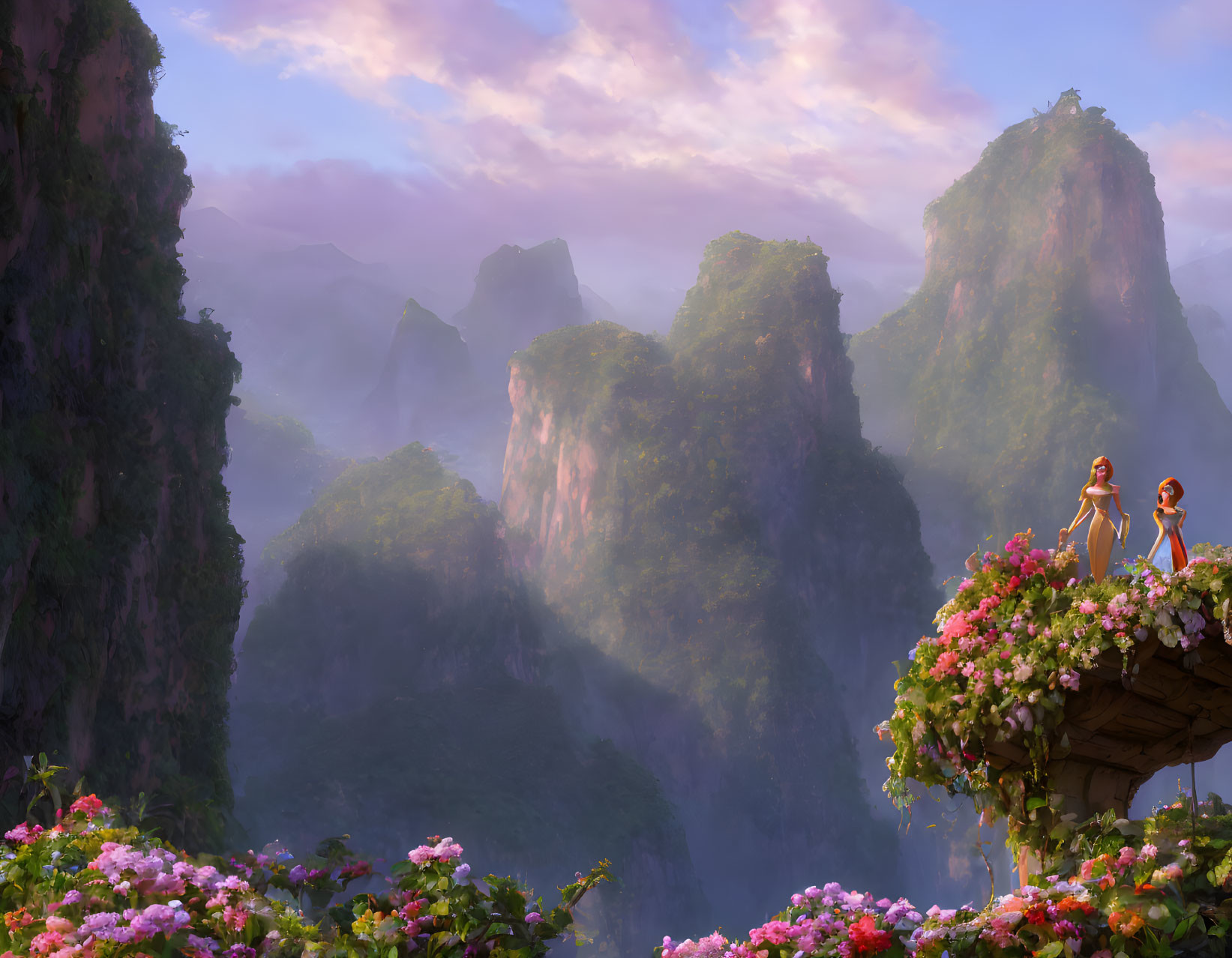 Animated characters on cliff with vibrant flowers, misty mountain landscape at sunrise