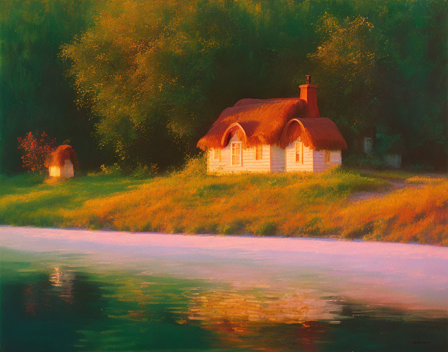 Thatched-Roof Cottages by River at Sunset