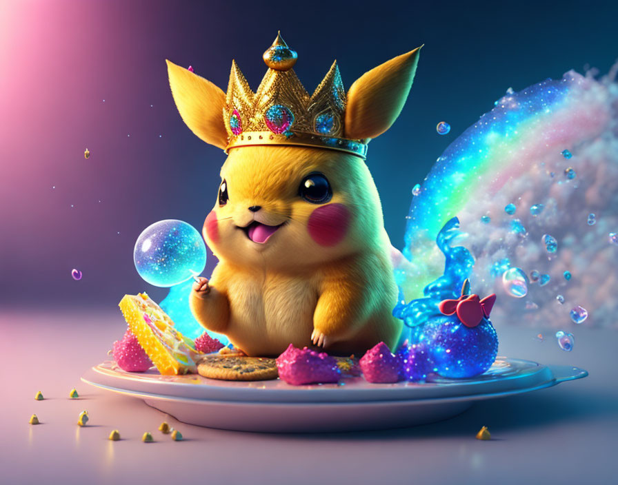 Crowned Pikachu surrounded by sweets, crystals, and bubbles