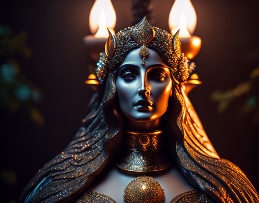 Intricate candle-crowned figurine with golden jewelry on dark backdrop