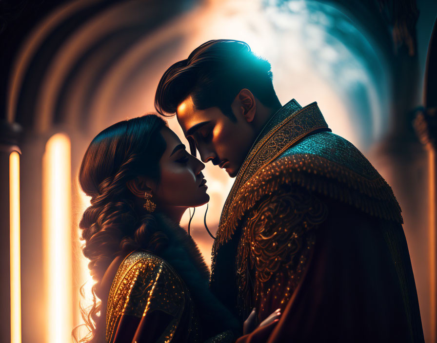 Traditional Indian couple in intimate moment with illuminated arches