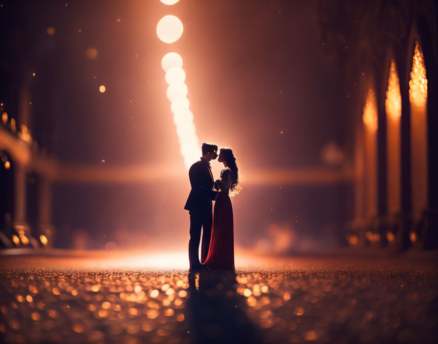 Nighttime couple embrace under illuminated streetlights.