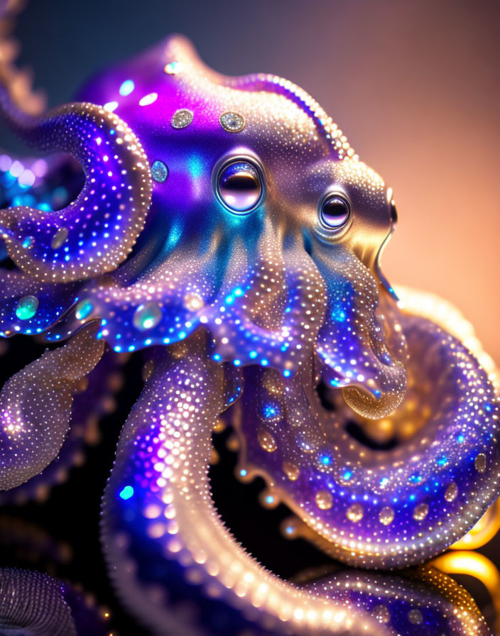 Colorful stylized octopus with shimmering body and glowing blue accents