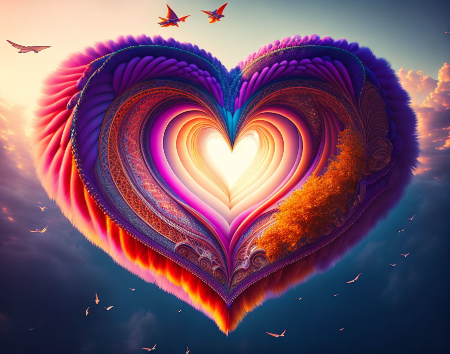 Colorful Heart-Shaped Artwork with Layered Patterns and Sunset Sky