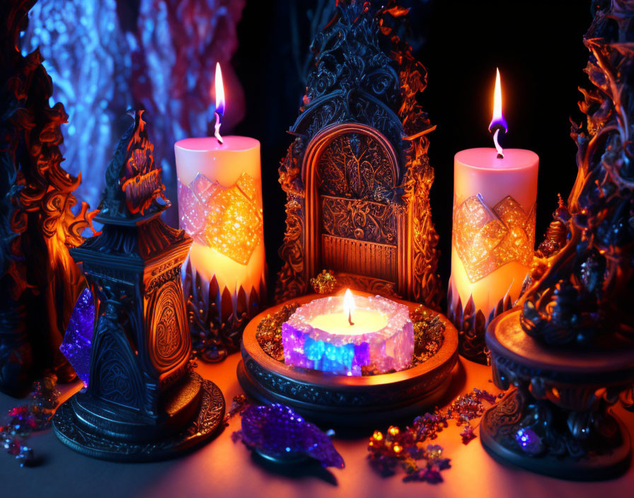 Mystical candle array with lanterns, crystals, and beads on dark background