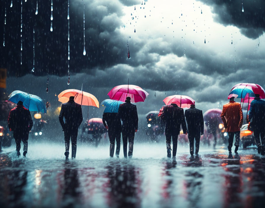 Colorful Umbrellas on Rainy City Street at Twilight