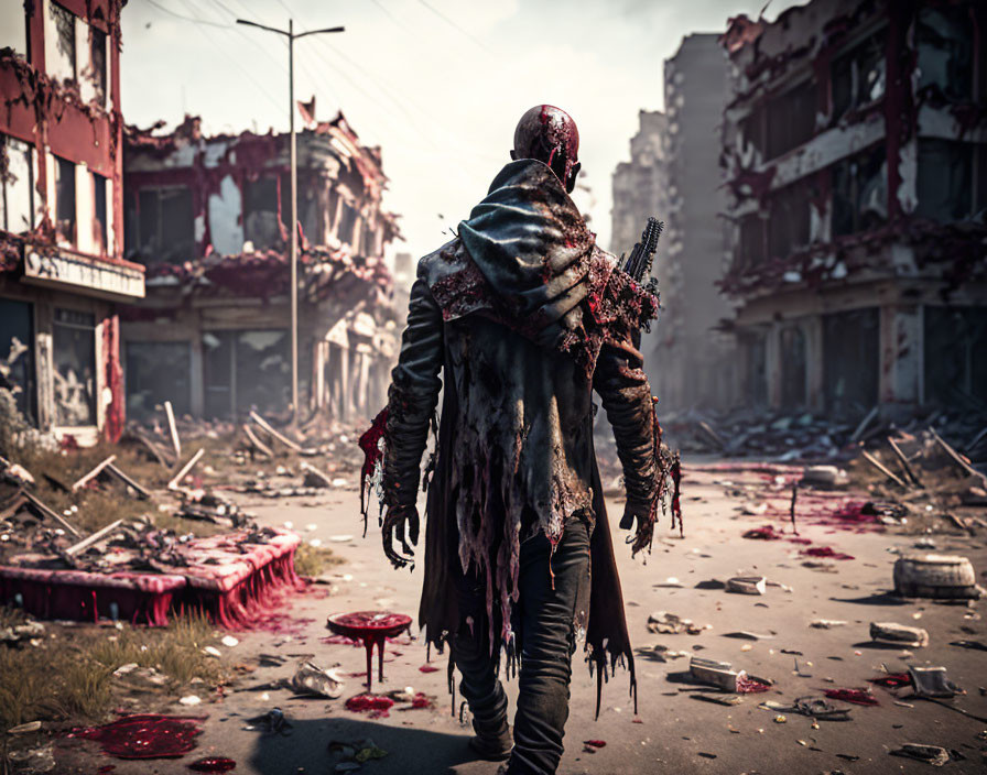 Person in tattered clothes on war-torn street with weapon and blood.