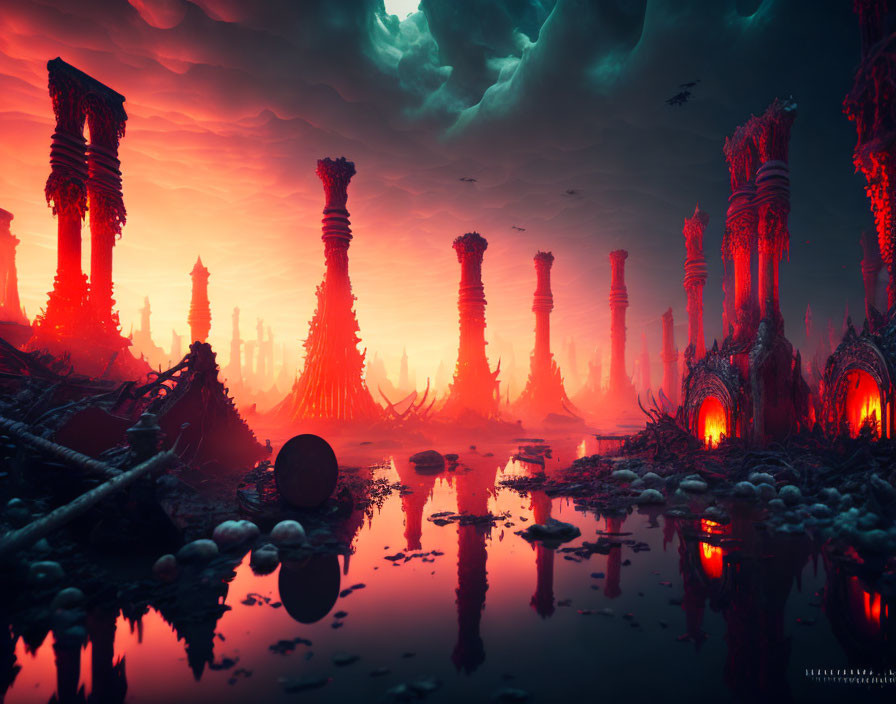 Dystopian landscape with towering spires and red sky