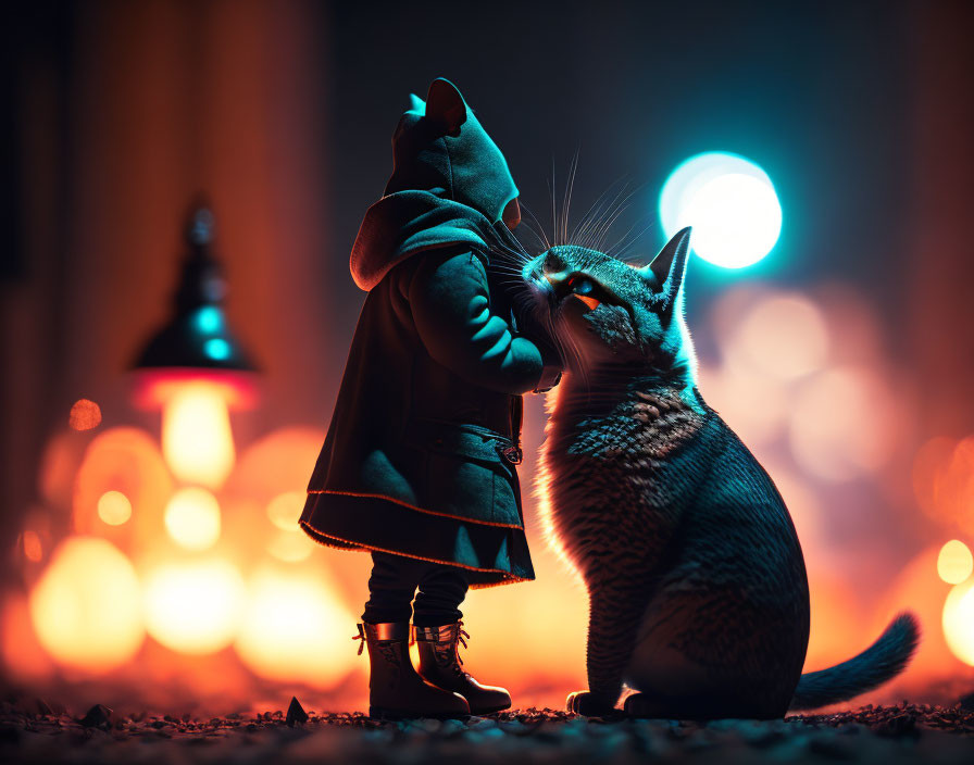 Fantasy hooded figure encounters cat in warm, glowing light