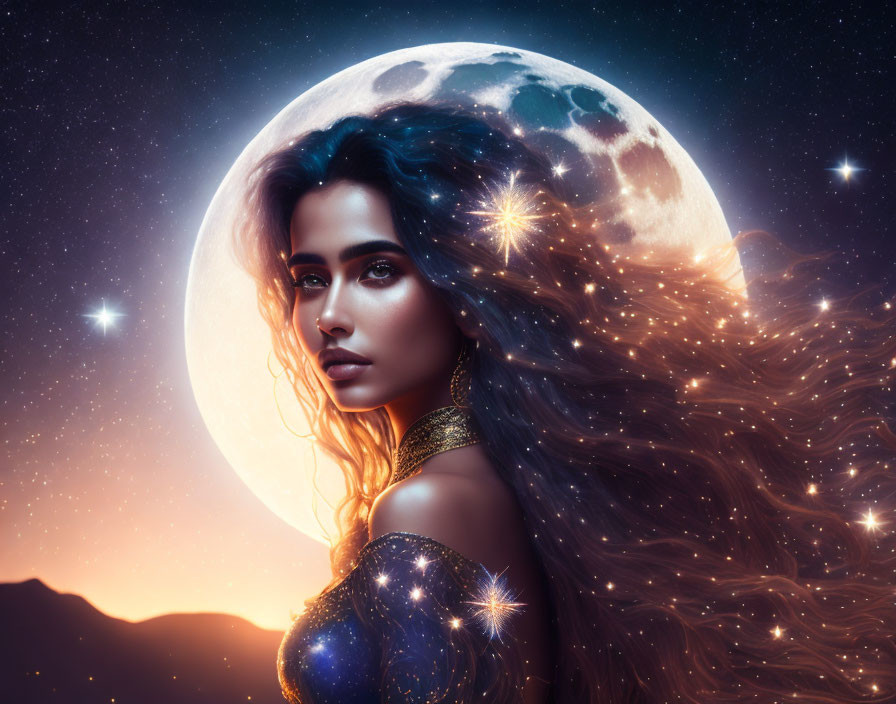 Mystical woman with starry hair in cosmic setting